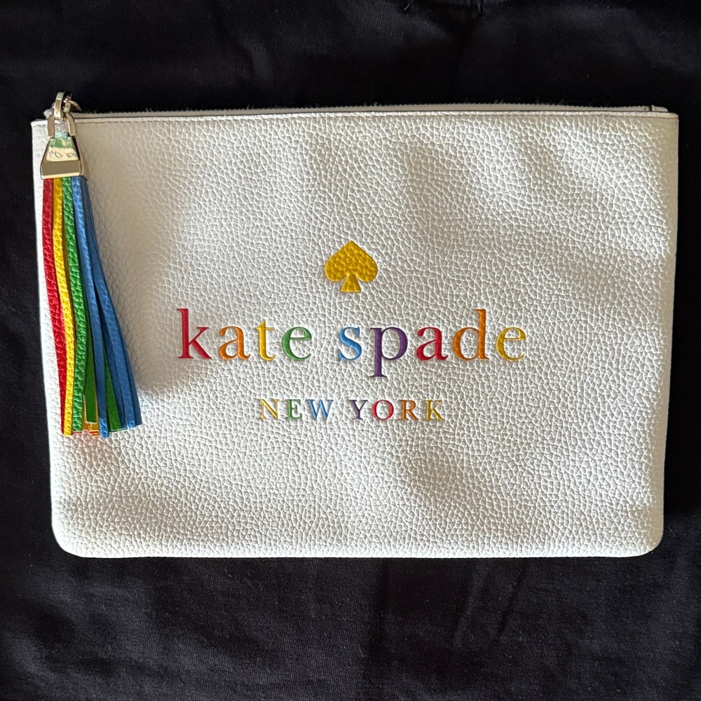 kate spade White Rainbow Logo Leather Pouch with Tassel